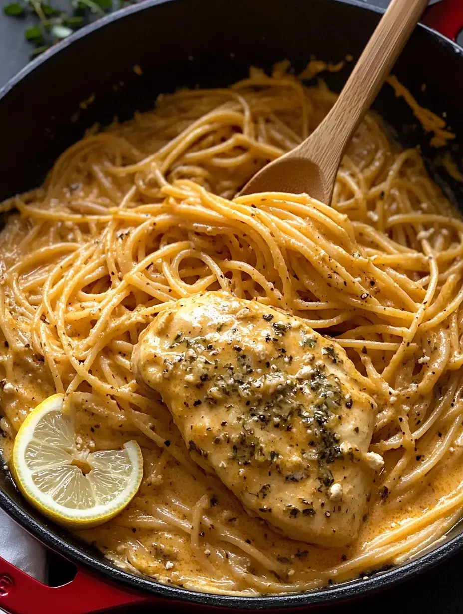 A creamy pasta dish with spaghetti and a piece of seasoned chicken, garnished with a lemon slice, in a black frying pan.