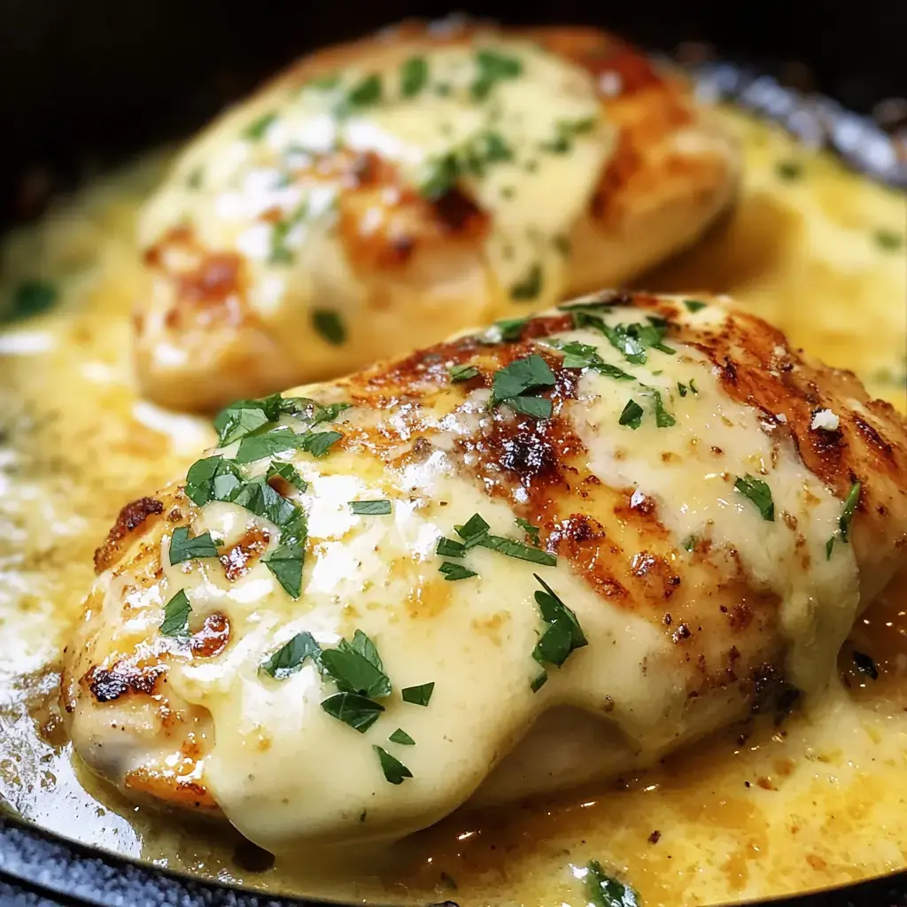 Two golden-brown chicken breasts topped with melted cheese and garnished with fresh parsley, served in a skillet with a buttery sauce.