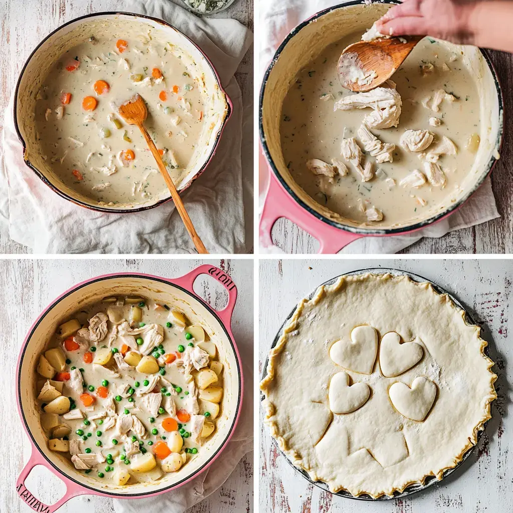 A series of four images showing the preparation of chicken pot pie, including mixing ingredients, adding chicken, combining vegetables, and laying pie crust with heart shapes cut out.