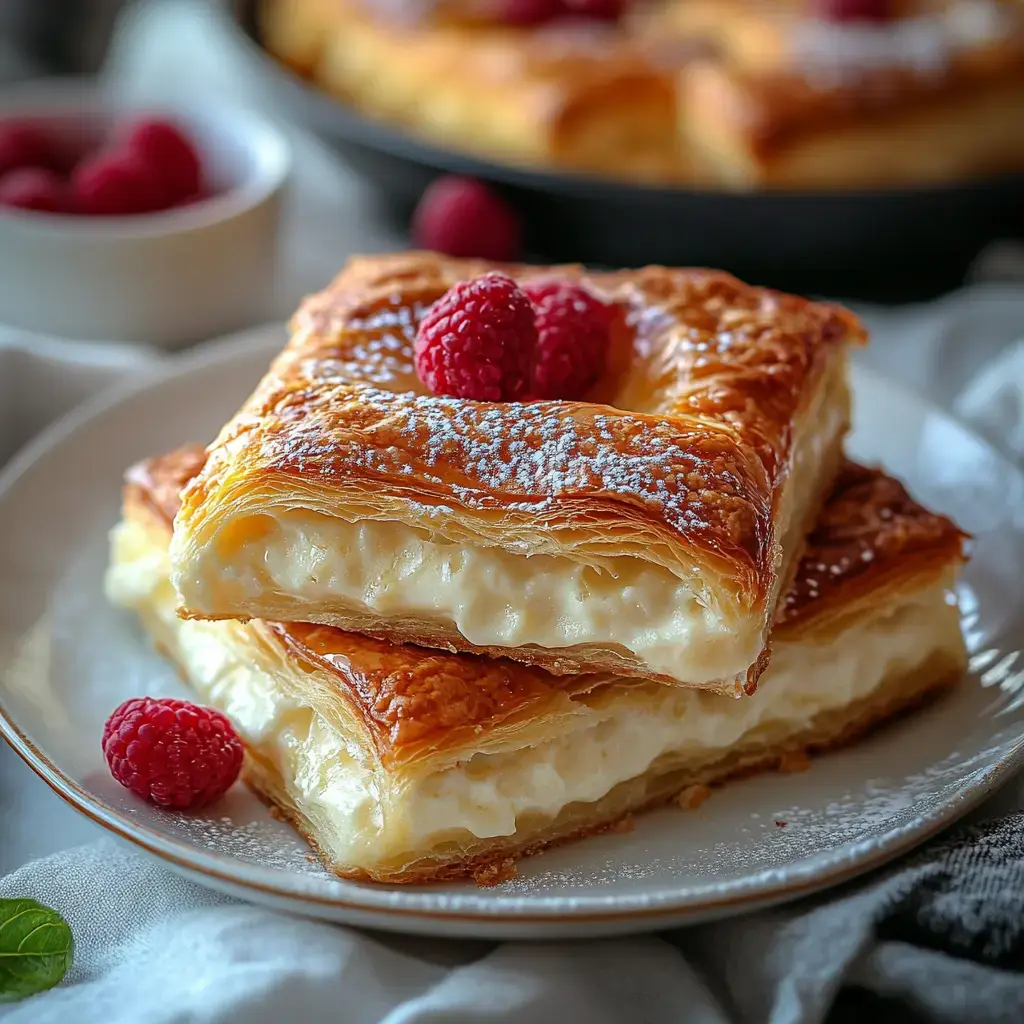 A close-up of two layers of flaky pastry filled with creamy custard, garnished with fresh raspberries and powdered sugar on a white plate.