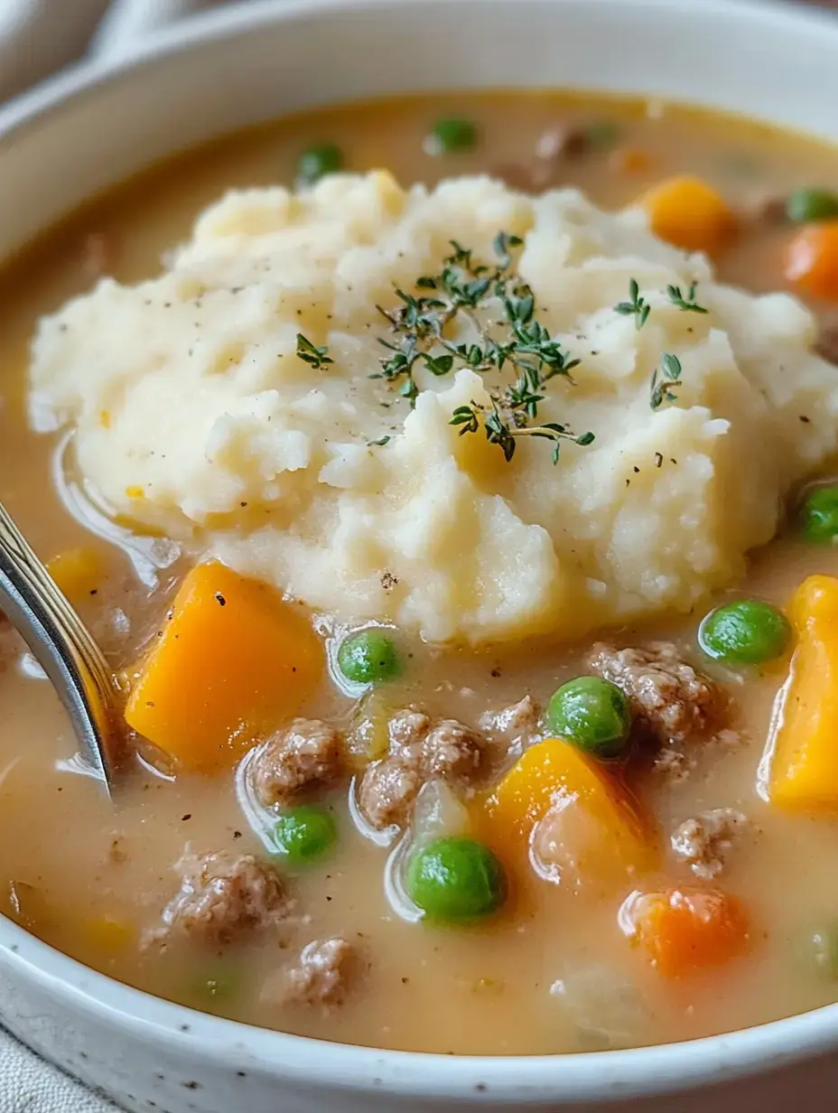 A bowl of hearty soup featuring ground meat, vegetables, and creamy mashed potatoes topped with fresh thyme.