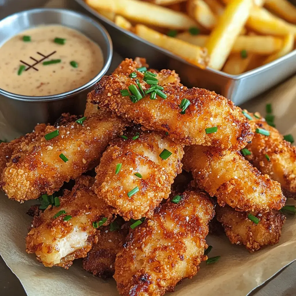 A close-up of crispy, breaded chicken strips garnished with chopped chives, served with a dipping sauce and a side of French fries.