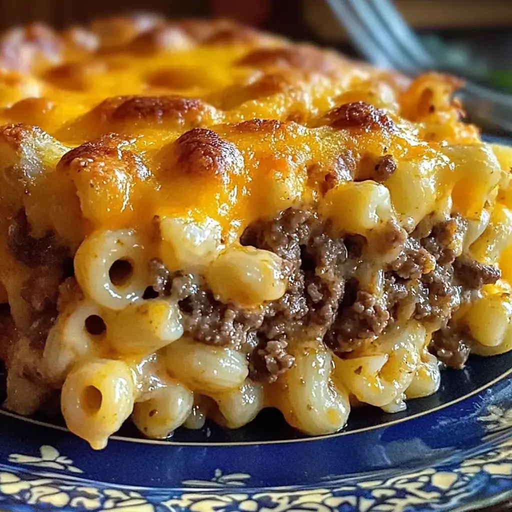 A slice of cheesy, baked macaroni and beef casserole served on a decorative blue plate.