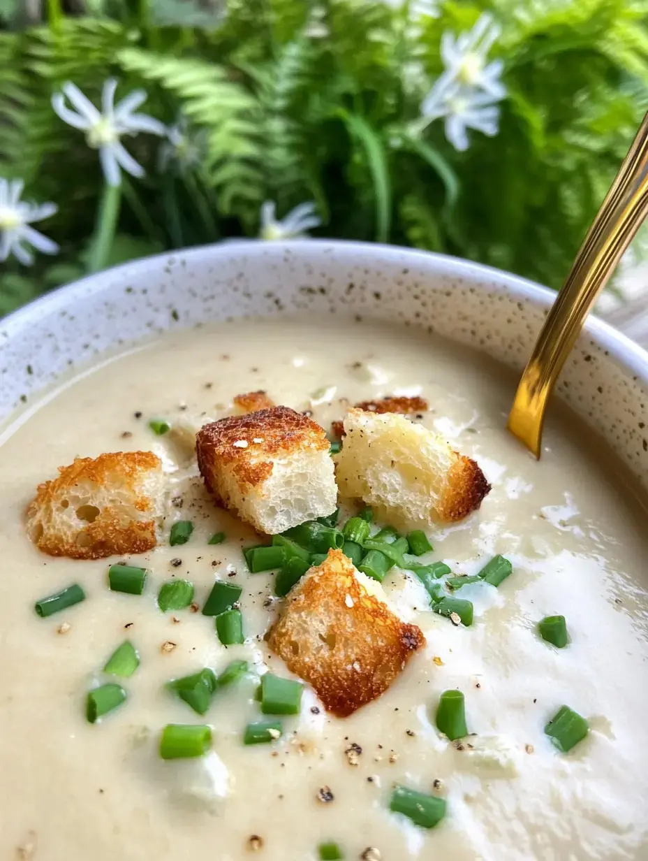 A bowl of creamy soup topped with croutons and chopped green onions, with ferns and flowers in the background.