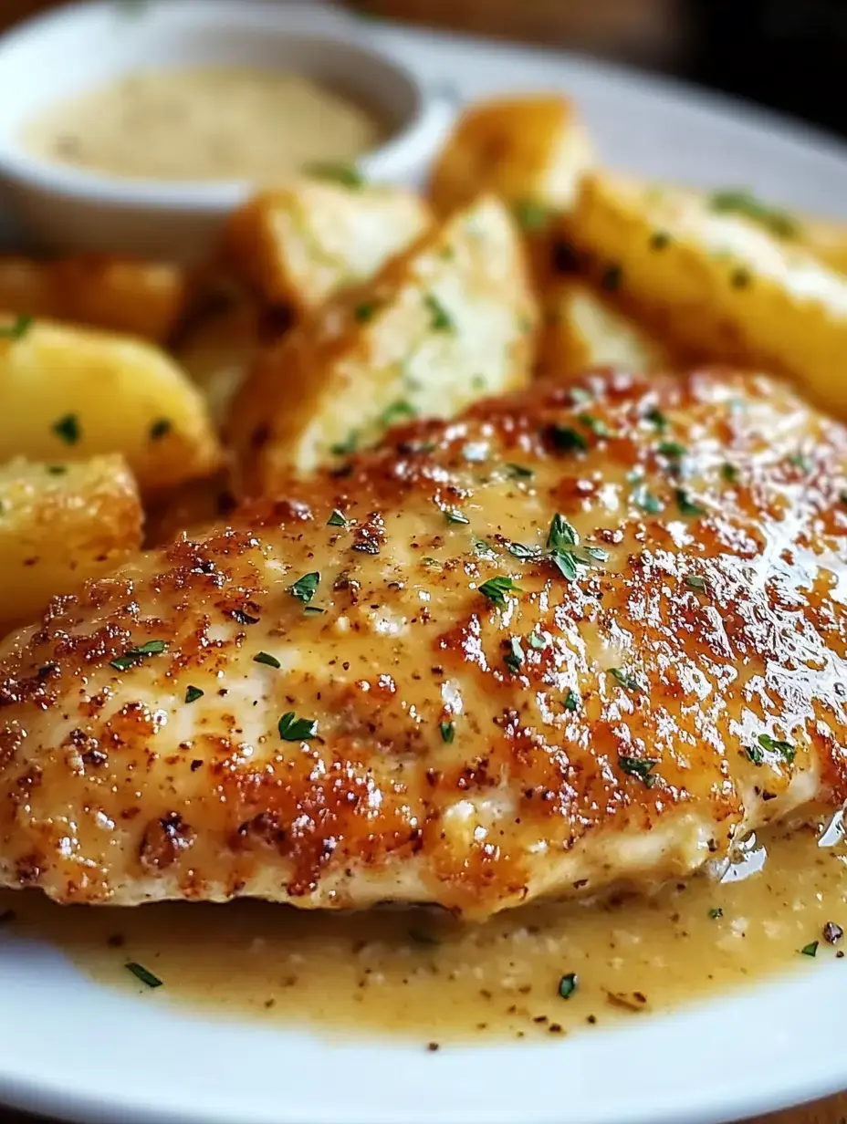 A plate of golden-brown chicken breast topped with a creamy sauce, accompanied by seasoned potato wedges and a small bowl of dipping sauce.