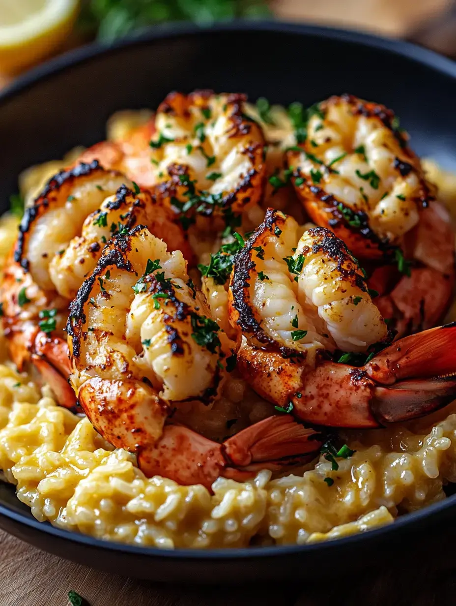 A close-up of a black bowl filled with creamy risotto topped with grilled shrimp and garnished with fresh parsley.