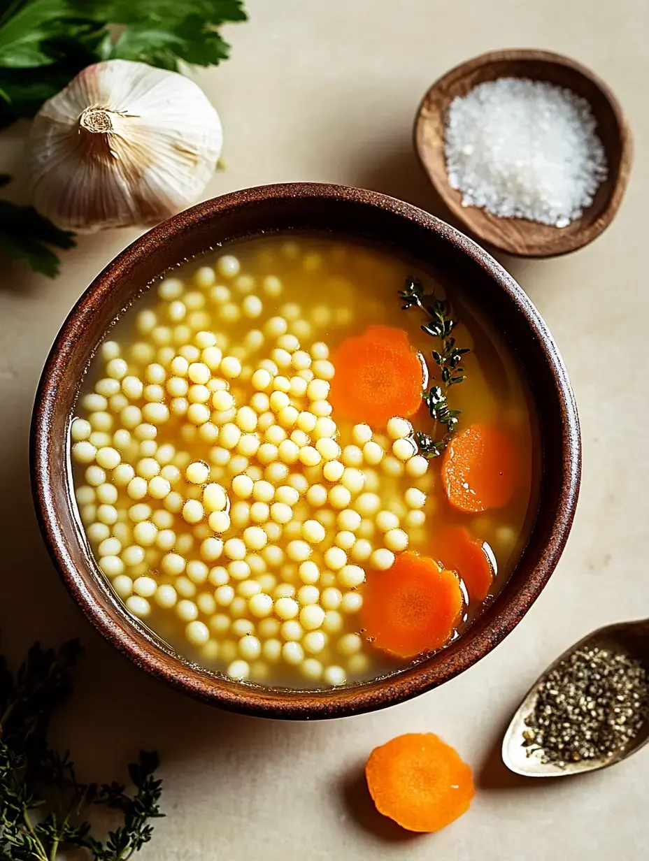 A bowl of soup containing small pasta, sliced carrots, and herbs, accompanied by garlic, salt, and pepper on a tabletop.