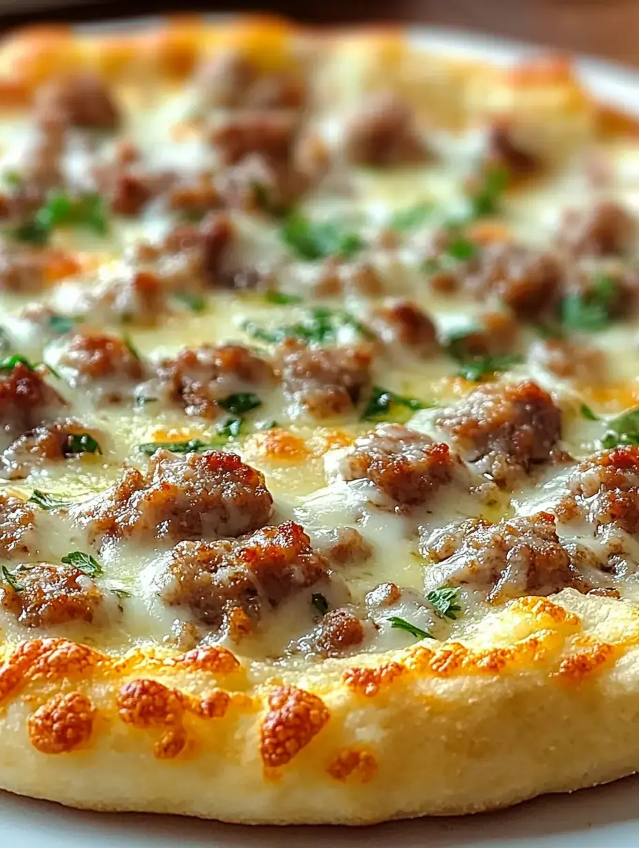 A close-up of a freshly baked pizza topped with melted cheese, pieces of sausage, and garnished with green herbs.