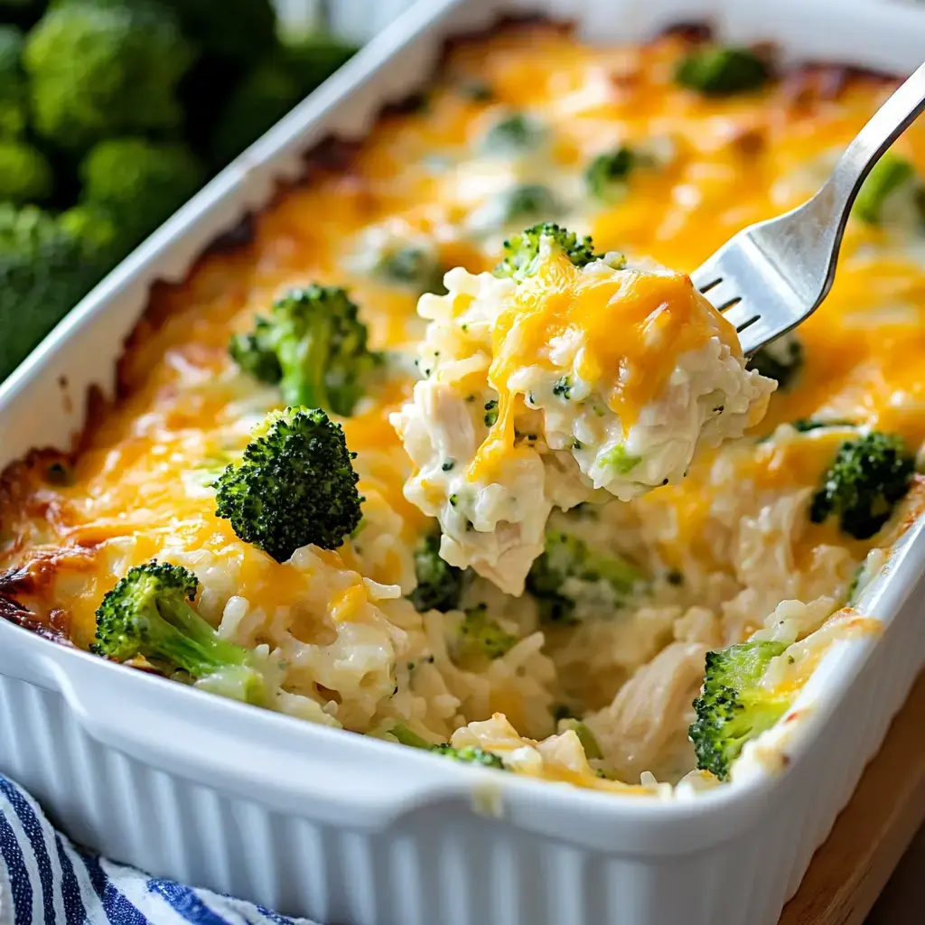 A fork is lifting a creamy chicken and broccoli casserole from a white dish topped with melted cheese.