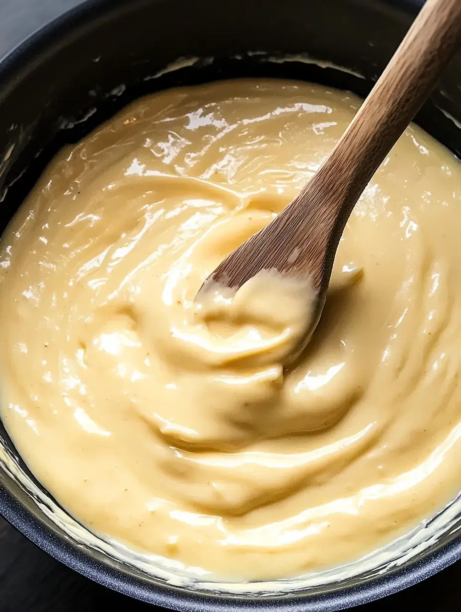 A wooden spoon stirs smooth, creamy yellow sauce in a black bowl.