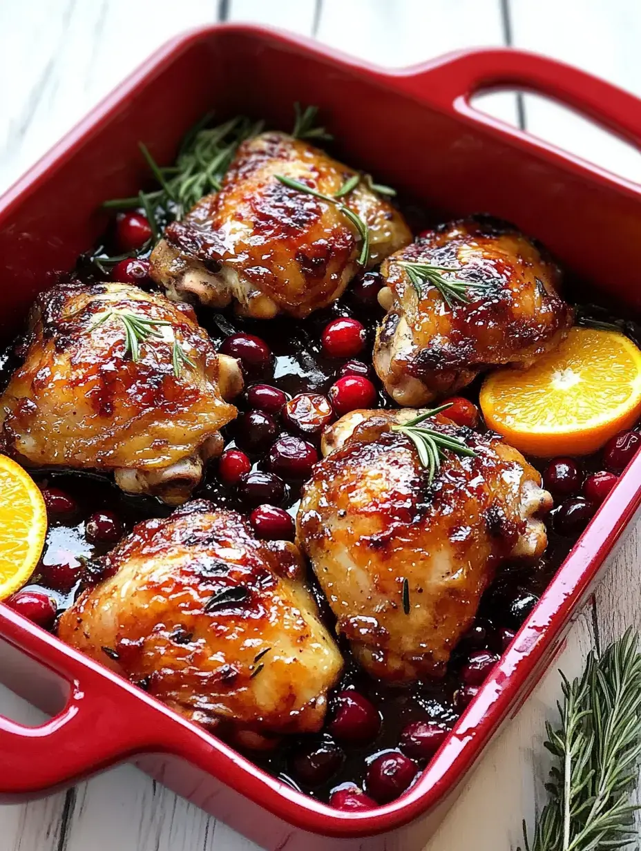 A red casserole dish filled with glazed chicken thighs, surrounded by fresh cranberries and garnished with rosemary and orange slices.