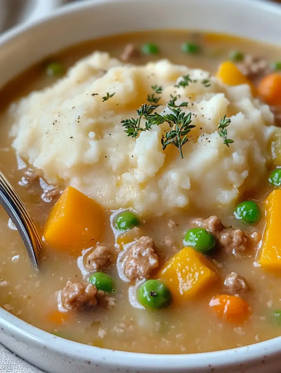 A bowl of hearty soup featuring ground meat, colorful vegetables, and creamy mashed potatoes topped with fresh herbs.