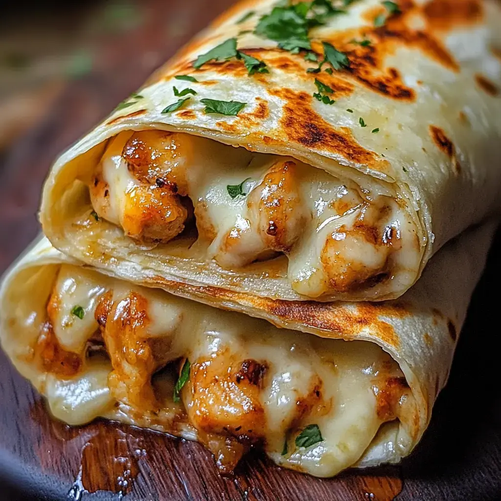 Two grilled wraps filled with chicken and melted cheese, garnished with chopped cilantro, are stacked on a wooden surface.