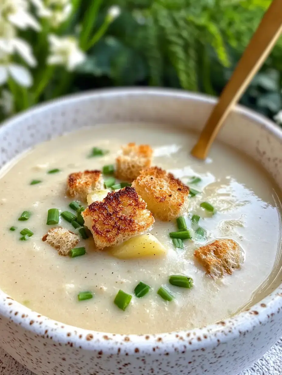 A creamy soup topped with croutons and chopped chives, served in a speckled bowl with greenery in the background.