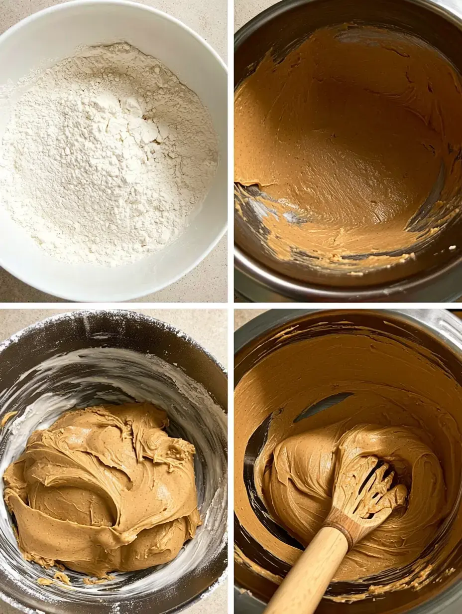 A series of images showing the process of mixing ingredients, starting with flour in a bowl and progressing to a creamy mixture in a pot with a wooden spoon.