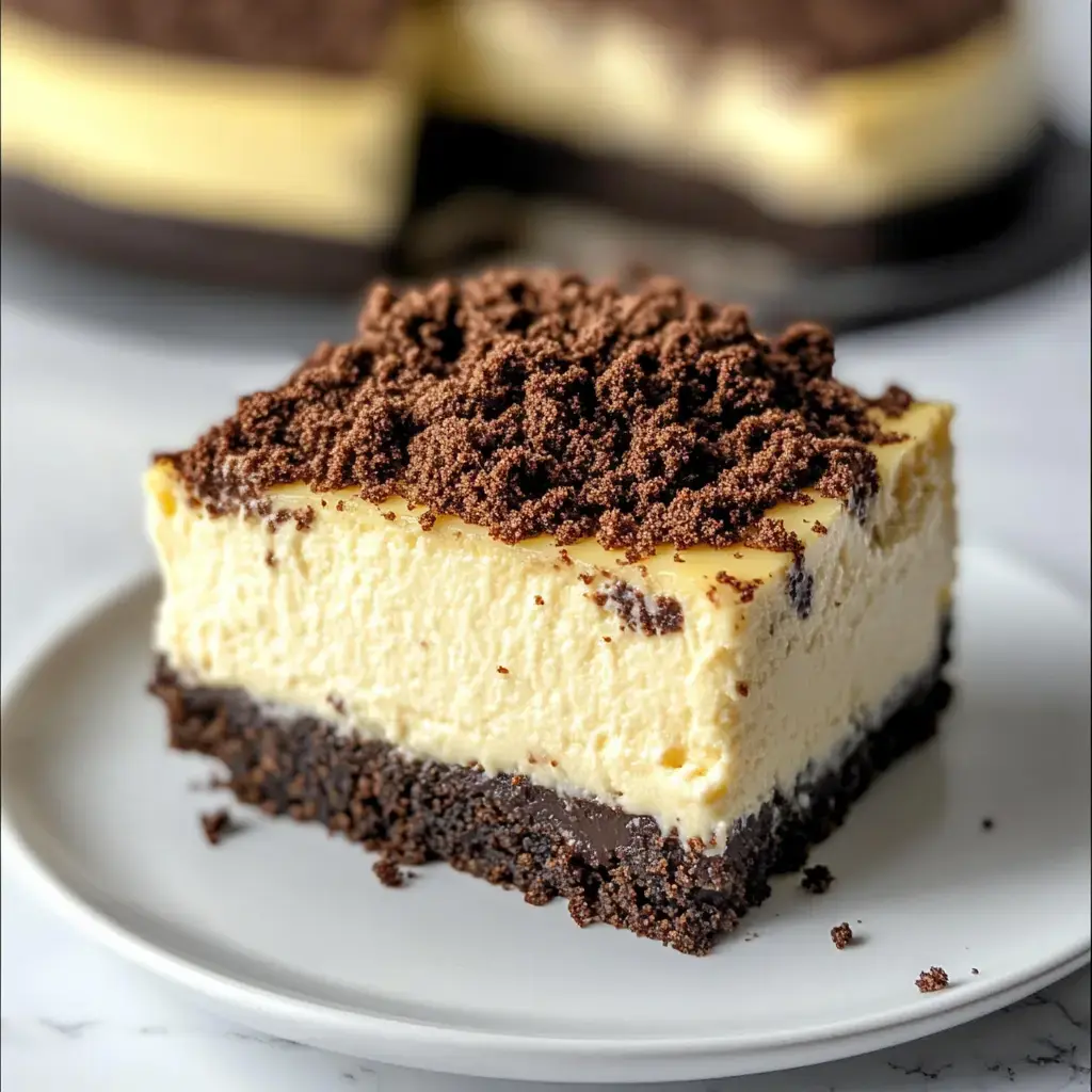 A slice of layered cheesecake topped with chocolate crumbs on a white plate.