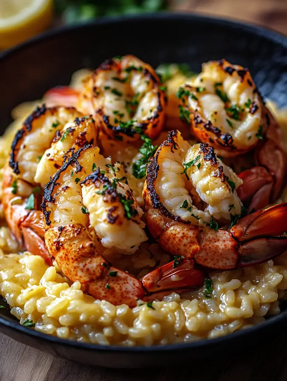 A close-up view of grilled shrimp arranged on a bed of creamy risotto, garnished with parsley.