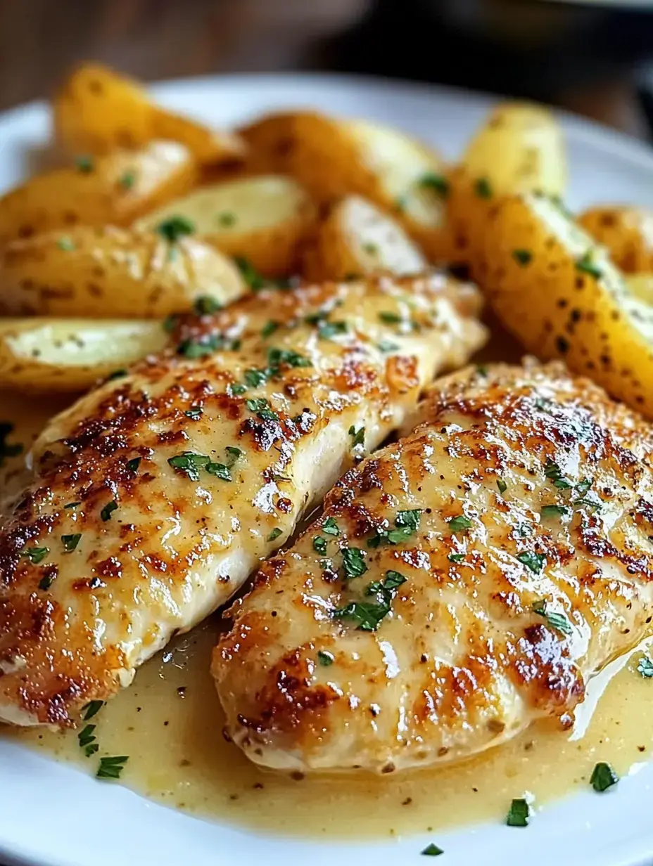 A plate of two golden-brown grilled chicken fillets garnished with parsley, served alongside crispy potato wedges.