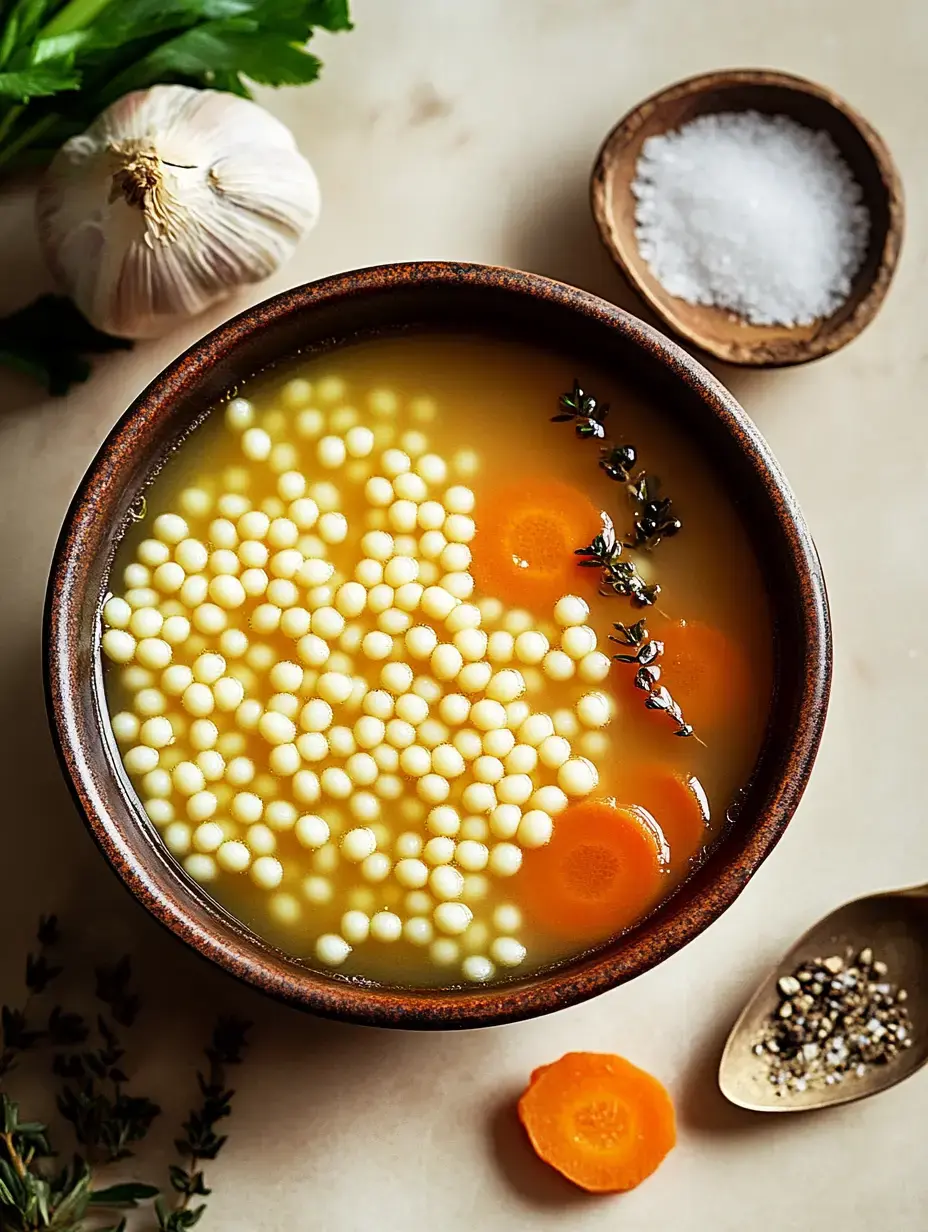 A close-up of a bowl of broth with small pasta, sliced carrots, and herbs, accompanied by garlic, a dish of salt, and a spoonful of pepper on a neutral background.