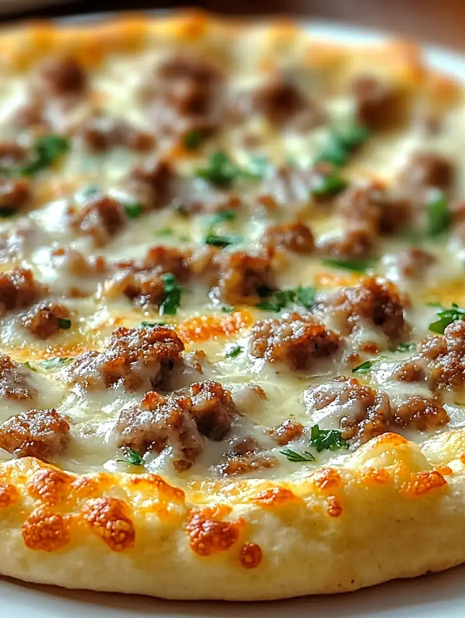 A close-up of a pizza topped with melted cheese, ground sausage, and sprinkled with herbs.