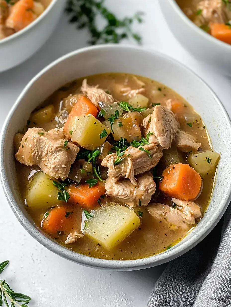 A bowl of hearty chicken stew with chunks of chicken, carrots, potatoes, and garnished with parsley.