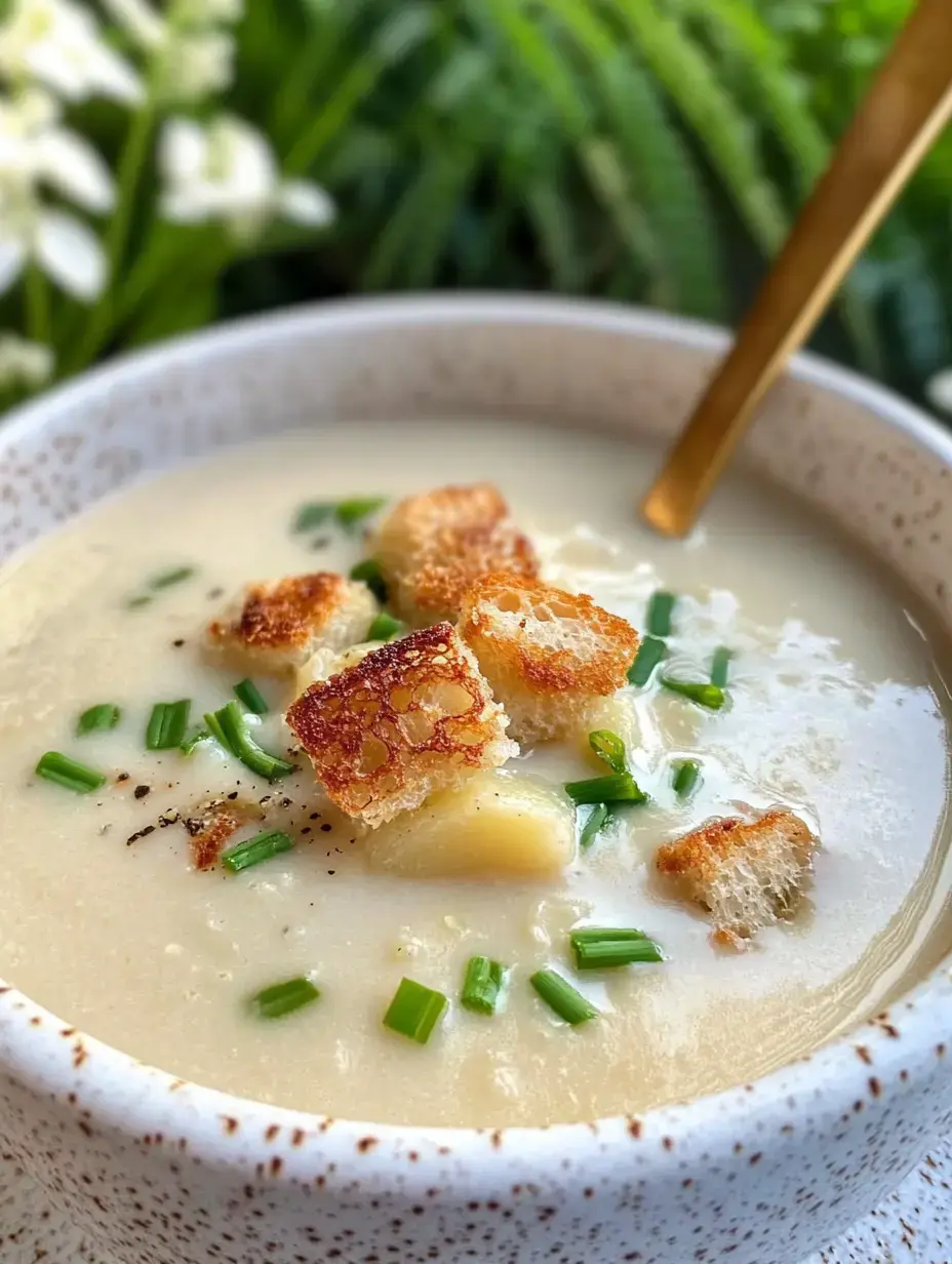 A bowl of creamy soup topped with croutons and chopped green onions, set against a backdrop of greenery.