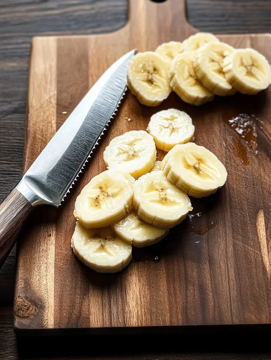 Sliced bananas are arranged on a wooden cutting board next to a serrated knife.