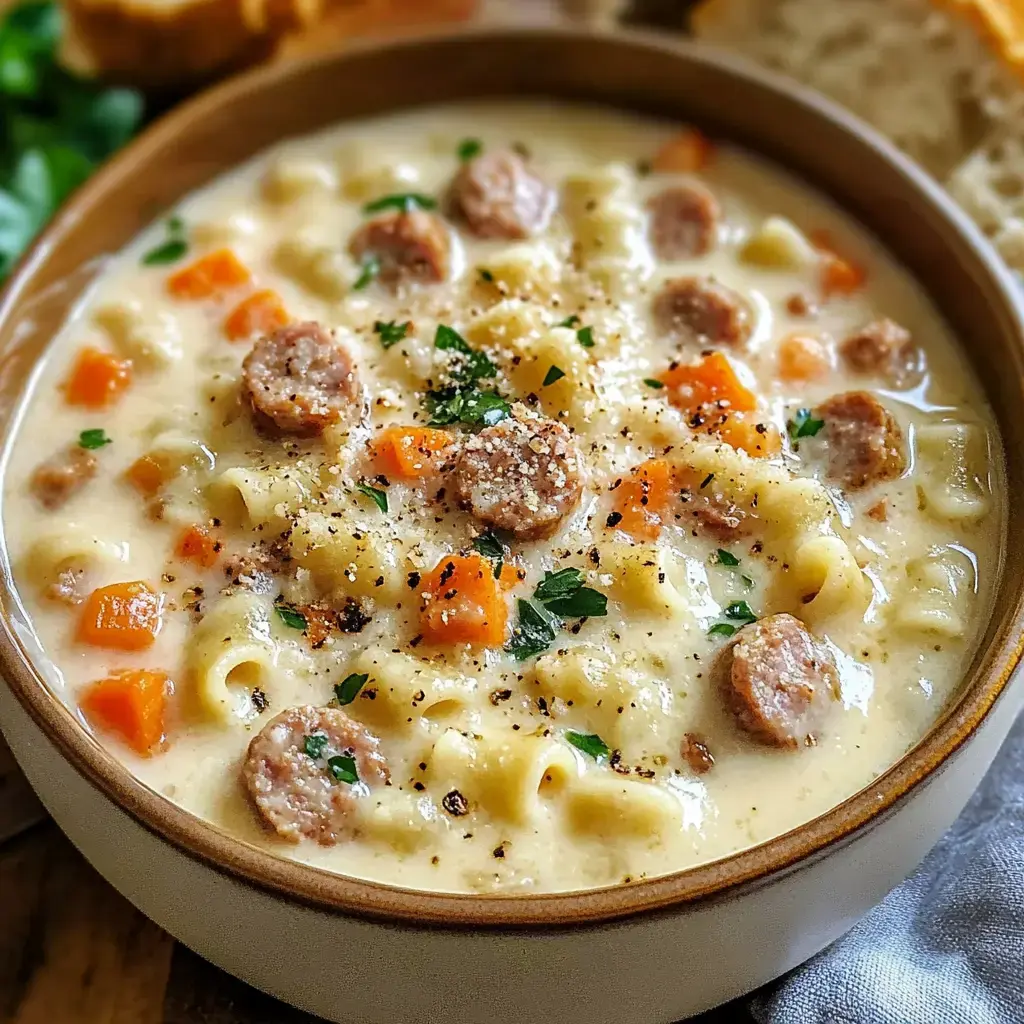 A close-up of a bowl of creamy soup featuring pasta, sausage slices, and orange diced vegetables, garnished with parsley and black pepper.