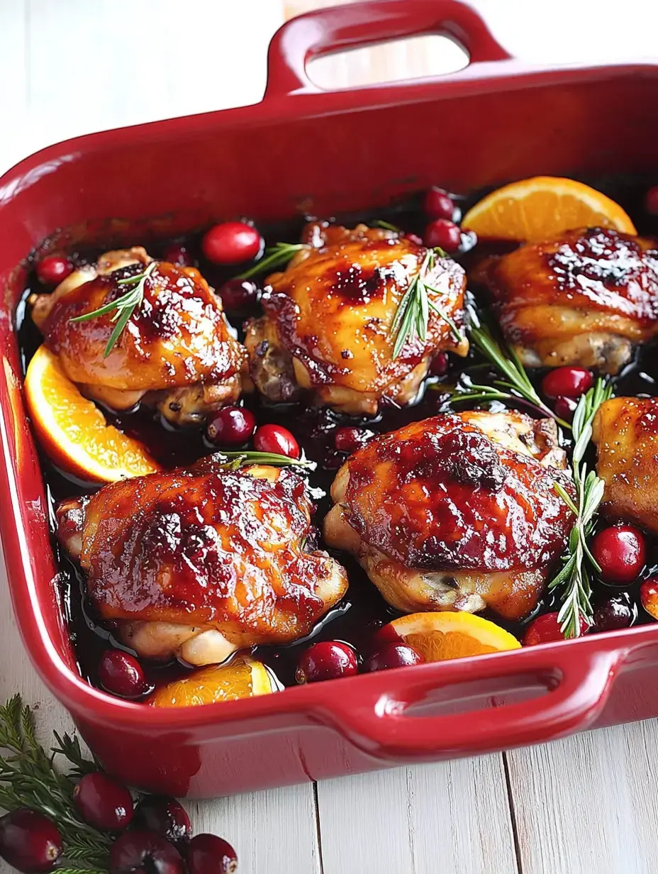 A red baking dish filled with glazed chicken thighs, surrounded by fresh cranberries and orange slices, garnished with rosemary.