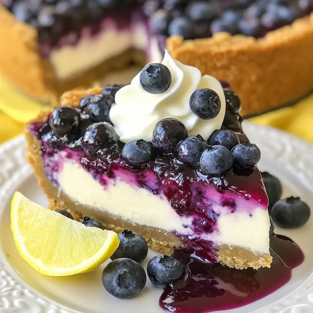 A slice of blueberry cheesecake topped with fresh blueberries and a dollop of whipped cream, accompanied by a lemon wedge.