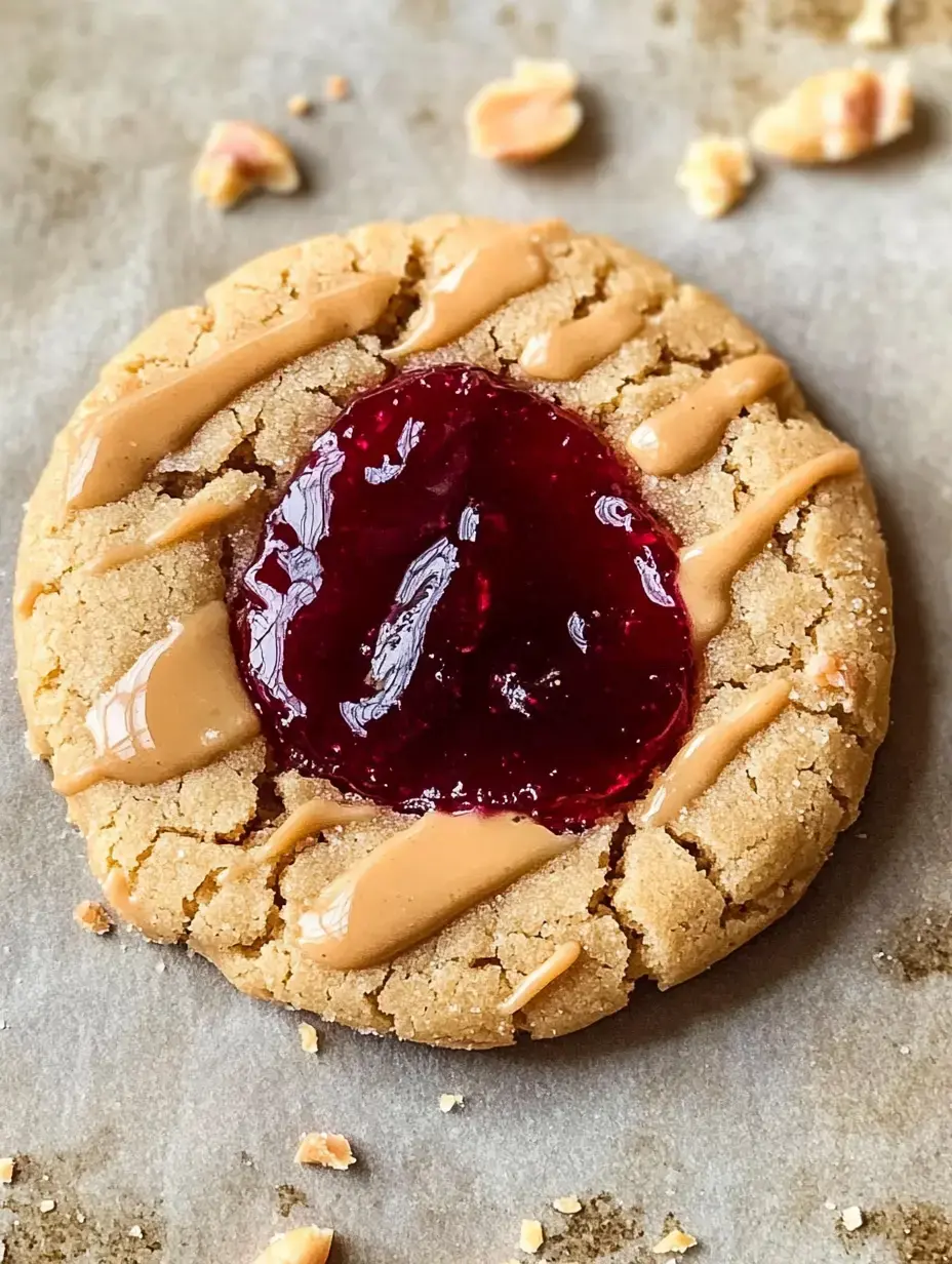 A close-up of a peanut butter cookie topped with raspberry jam and drizzled with peanut butter, surrounded by crushed peanuts on a baking sheet.