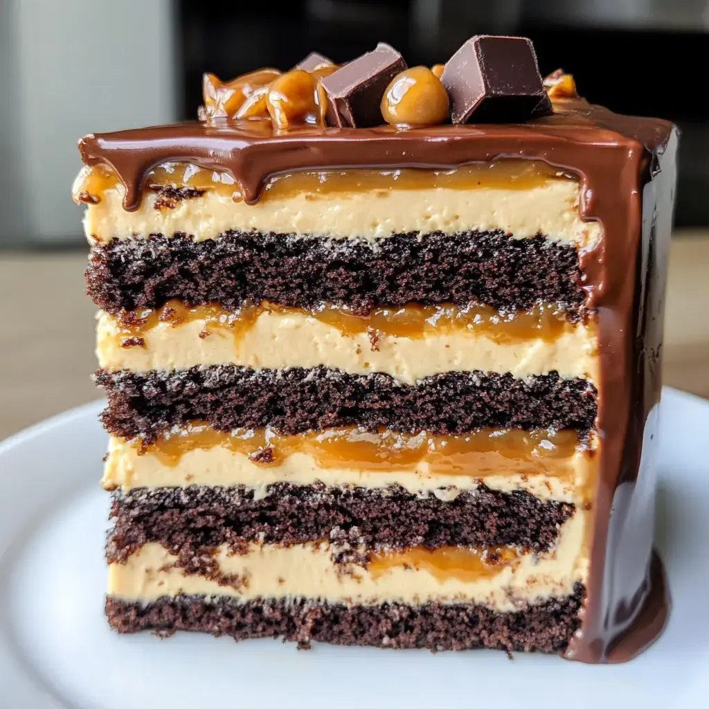 A slice of layered chocolate cake with caramel and creamy filling, topped with chocolate pieces and drizzled with chocolate glaze.