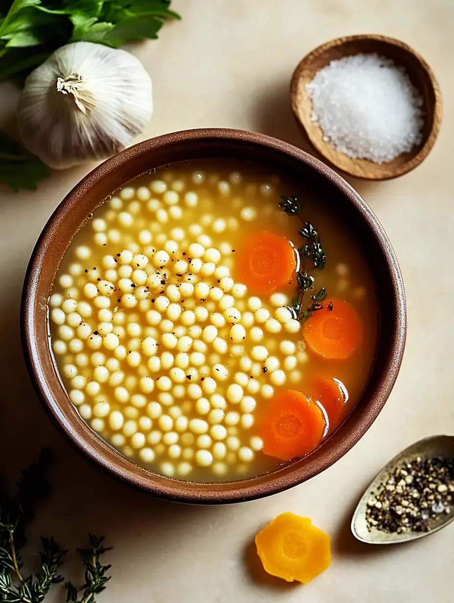 A bowl of soup containing small pasta, sliced carrots, and herbs, surrounded by garlic, parsley, and salt.