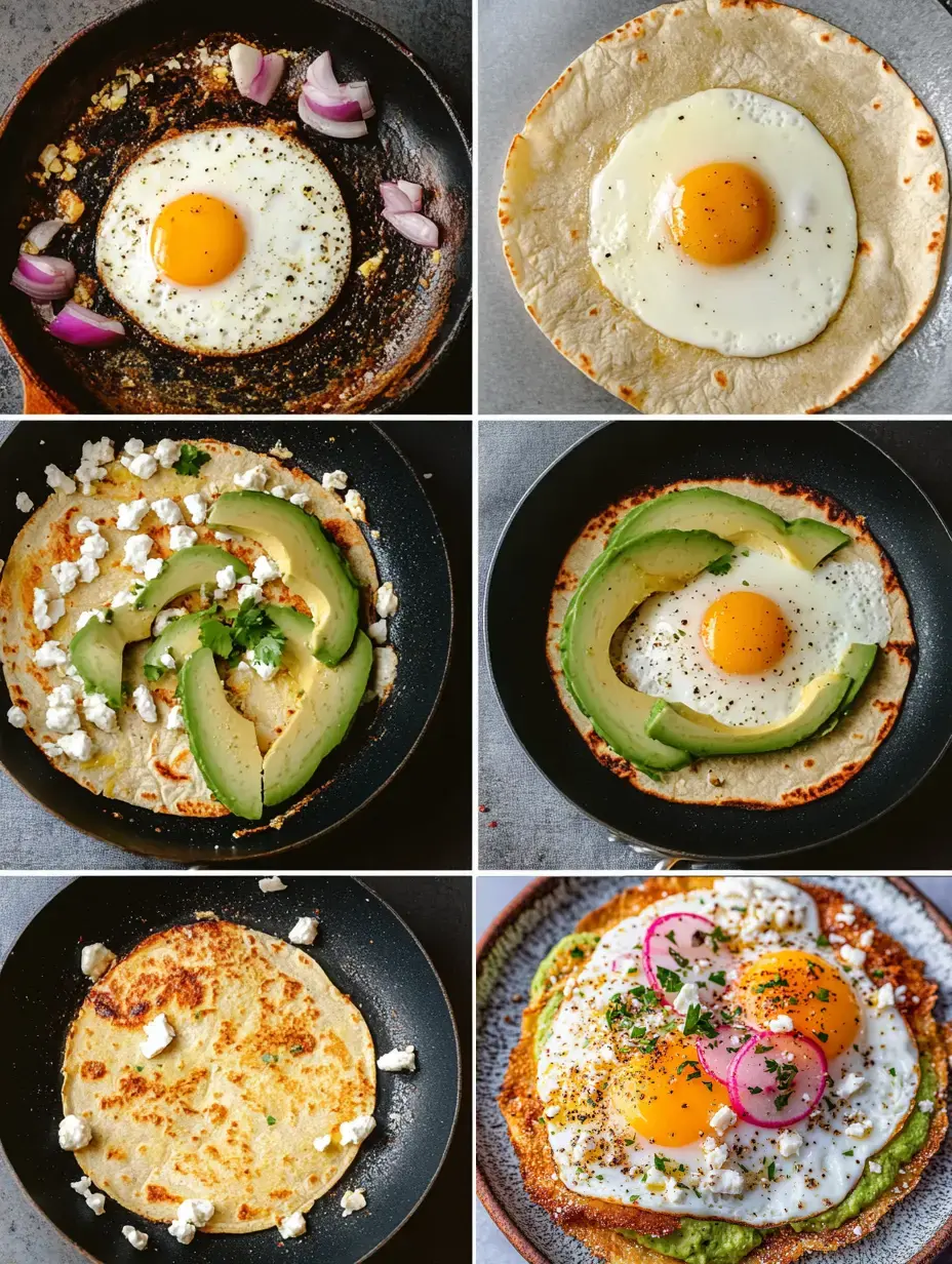 A collage of six images showing the process of cooking eggs and assembling dishes with tortillas, avocado, and toppings like cheese and vegetables.