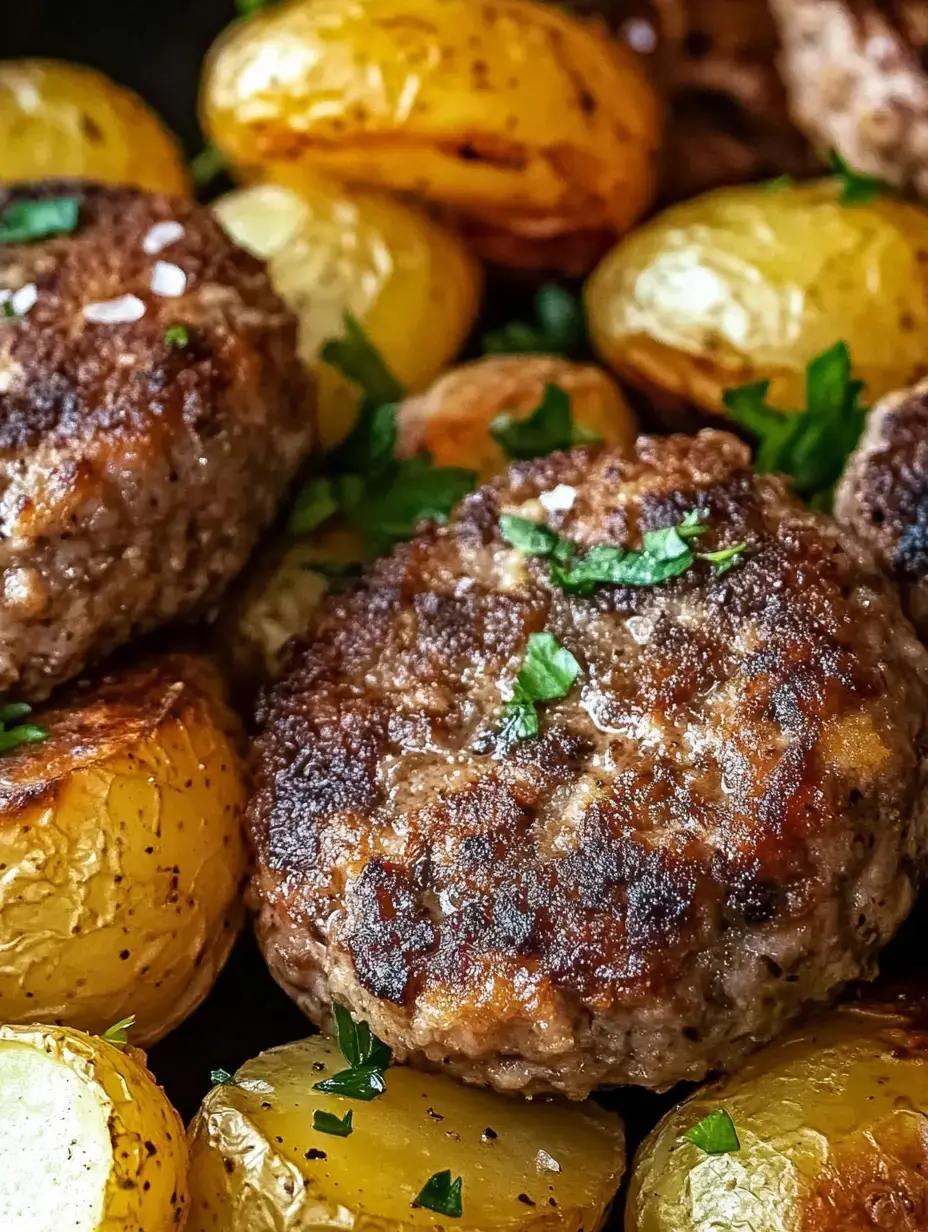 A close-up view of golden roasted potatoes alongside perfectly browned meat patties, garnished with fresh parsley.