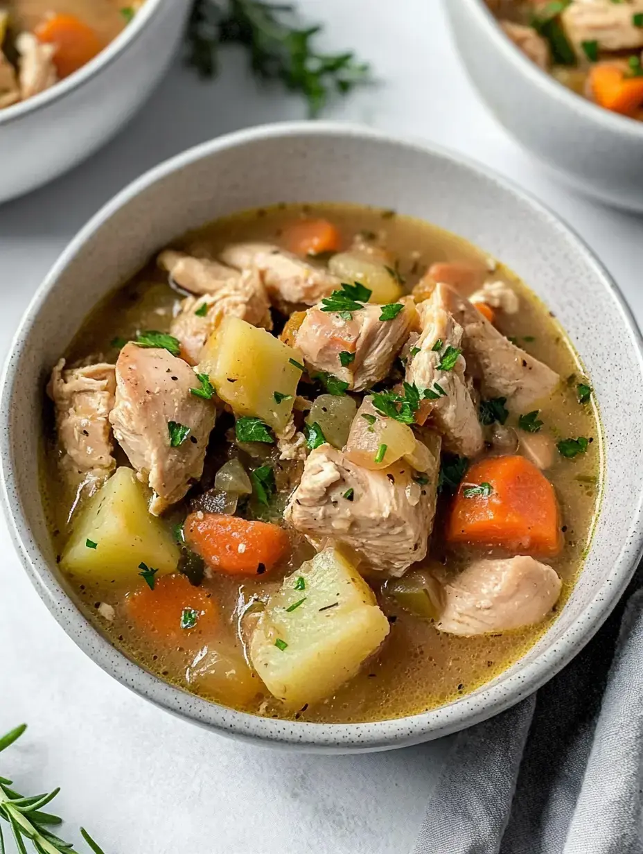 A bowl of hearty chicken soup with chunks of chicken, carrots, potatoes, and herbs, garnished with fresh parsley.