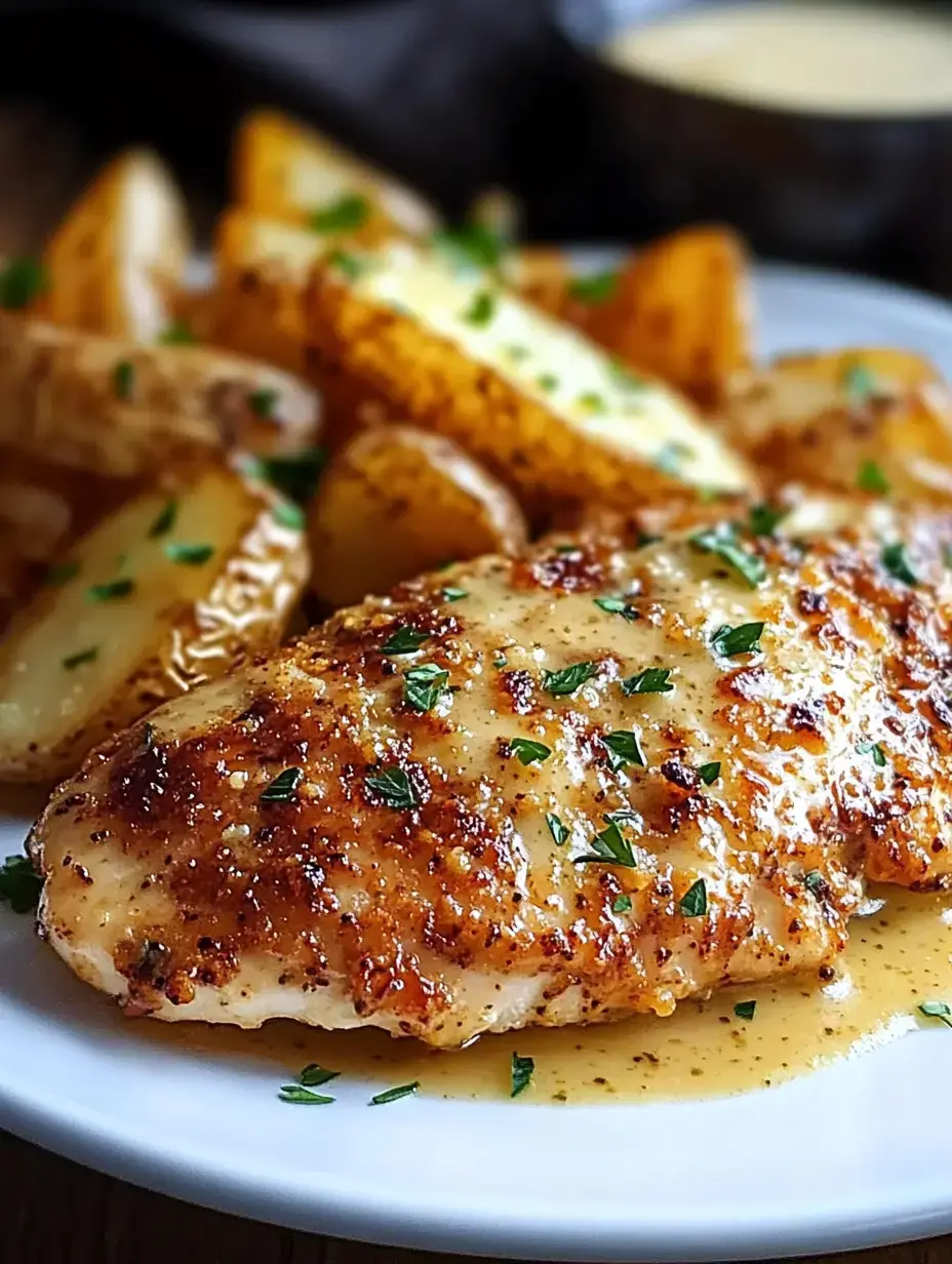 A plated meal featuring a seasoned grilled chicken breast drizzled with sauce, accompanied by golden-brown potato wedges and garnished with fresh herbs.