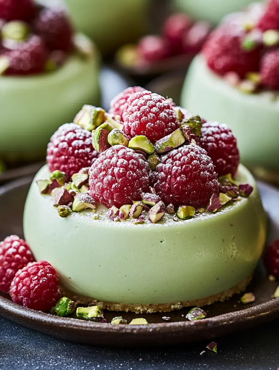 A beautifully arranged green dessert topped with fresh raspberries, crushed pistachios, and a dusting of powdered sugar.