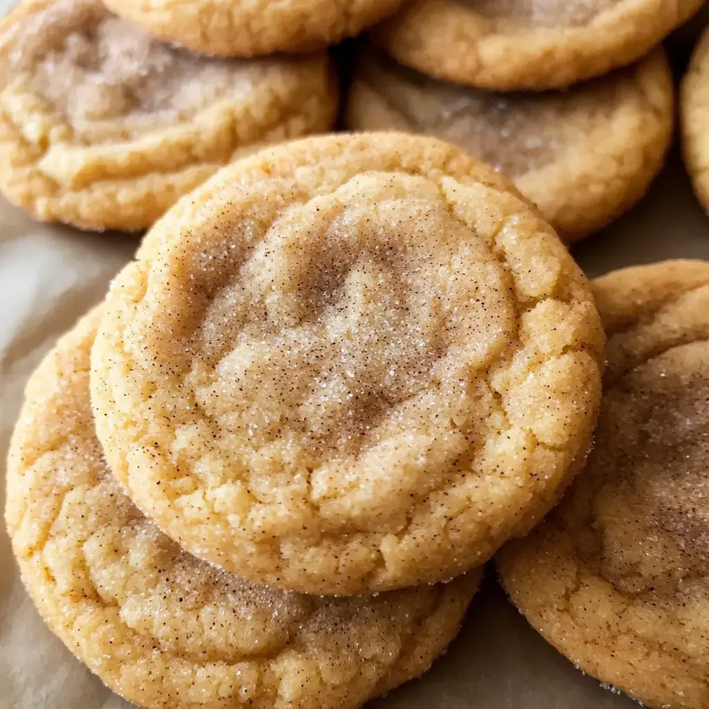 A close-up of freshly baked, golden-brown cookies coated with cinnamon sugar.