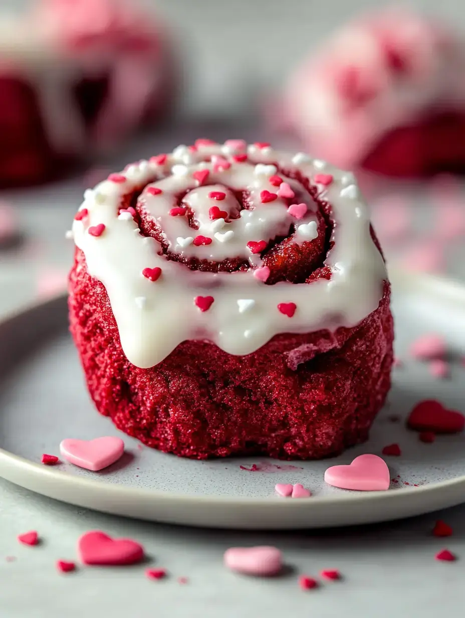 A close-up of a red velvet cinnamon roll topped with white icing and pink and red heart-shaped sprinkles on a gray plate.