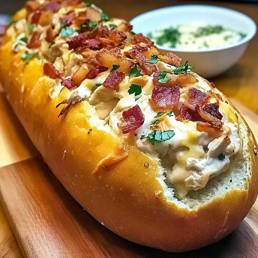 A loaf of bread filled with creamy chicken and topped with crispy bacon and chopped cilantro, served alongside a bowl of soup.