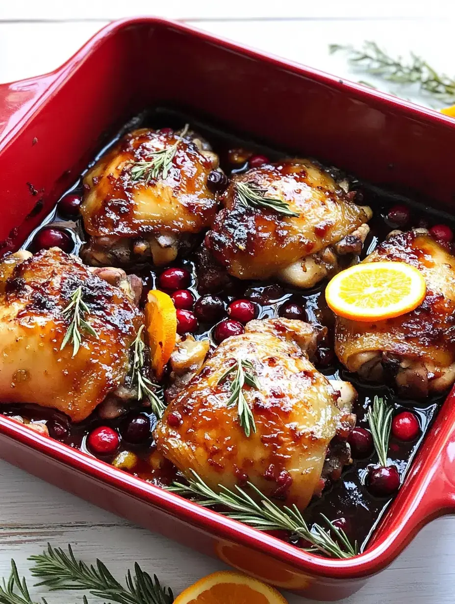 A red dish filled with baked chicken thighs glazed in a shiny sauce, surrounded by cranberries and garnished with orange slices and rosemary.