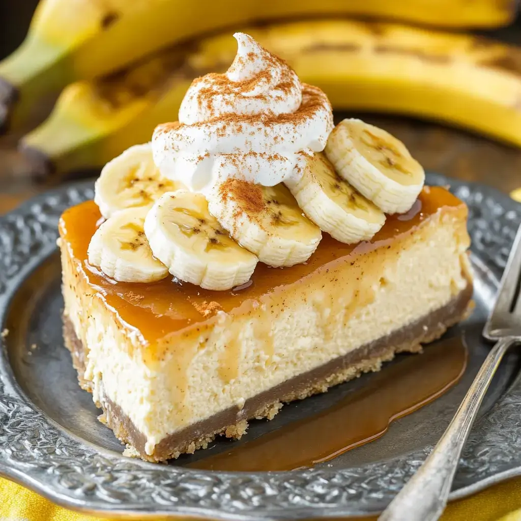 A slice of banana cheesecake topped with sliced bananas, whipped cream, and a sprinkle of cinnamon, served on a decorative plate with bananas in the background.