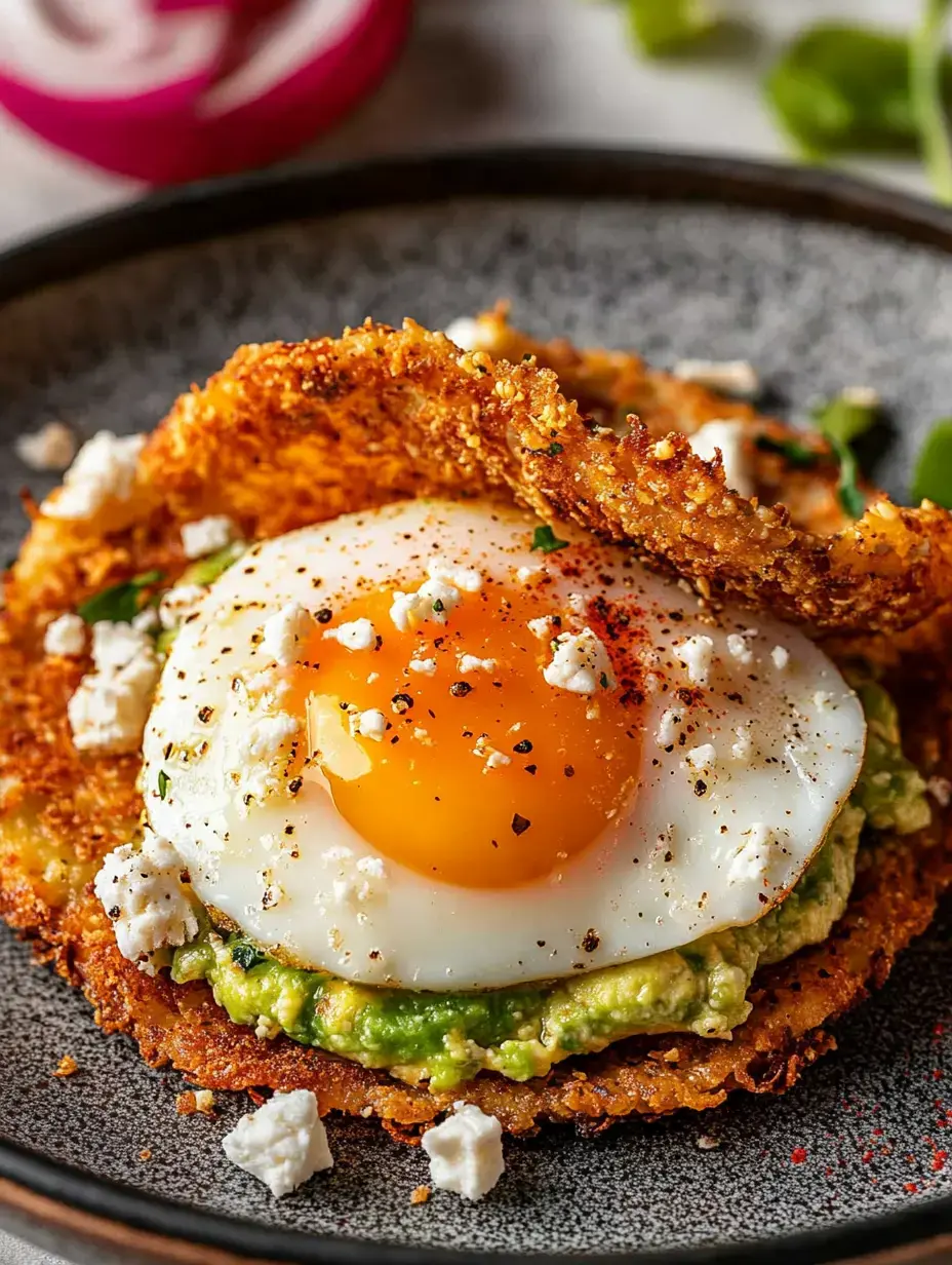 A crisp layer of fried food surrounds a sunny-side-up egg placed on a bed of mashed avocado, sprinkled with crumbled cheese and spices.