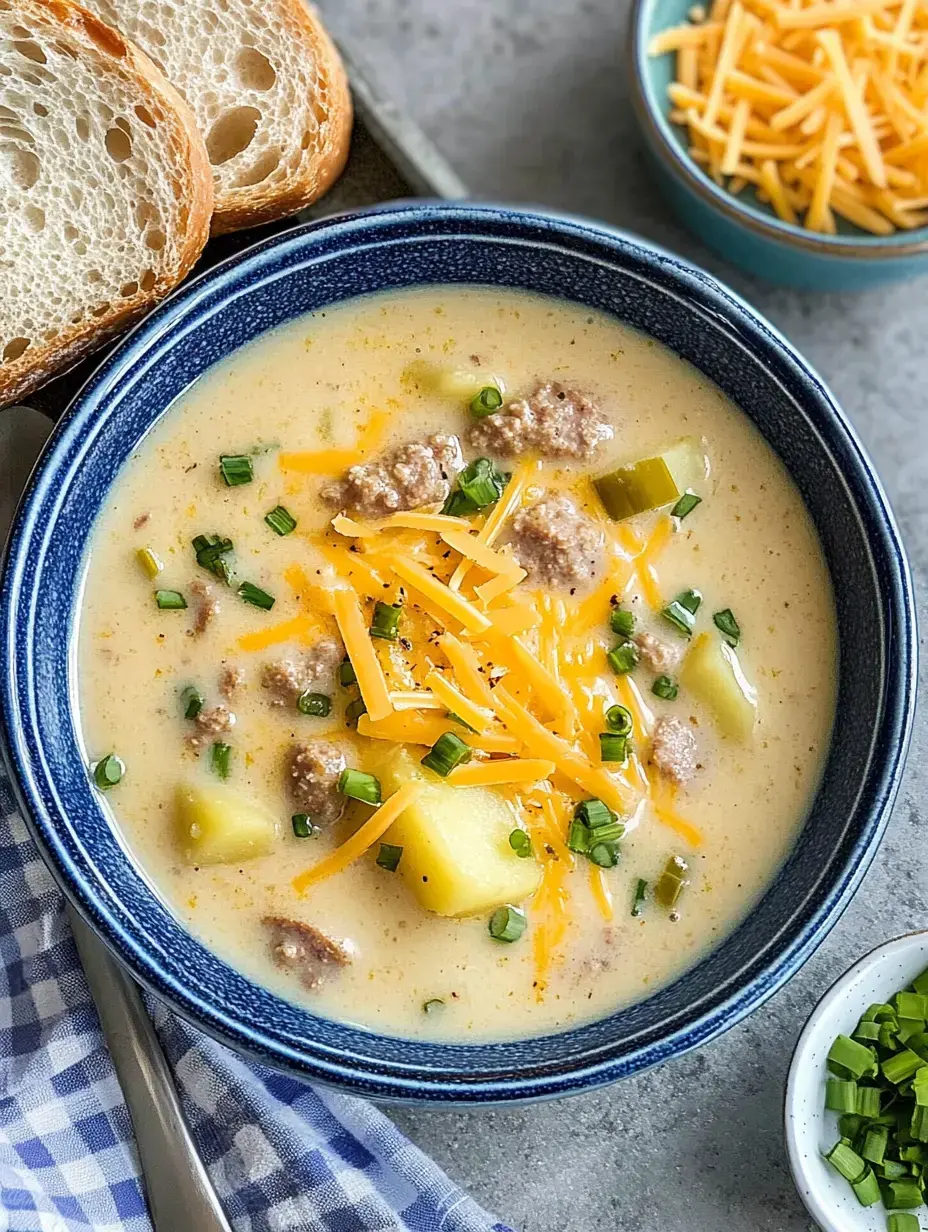 A bowl of creamy potato soup with ground meat and cheddar cheese, accompanied by slices of bread and a small bowl of grated cheese.