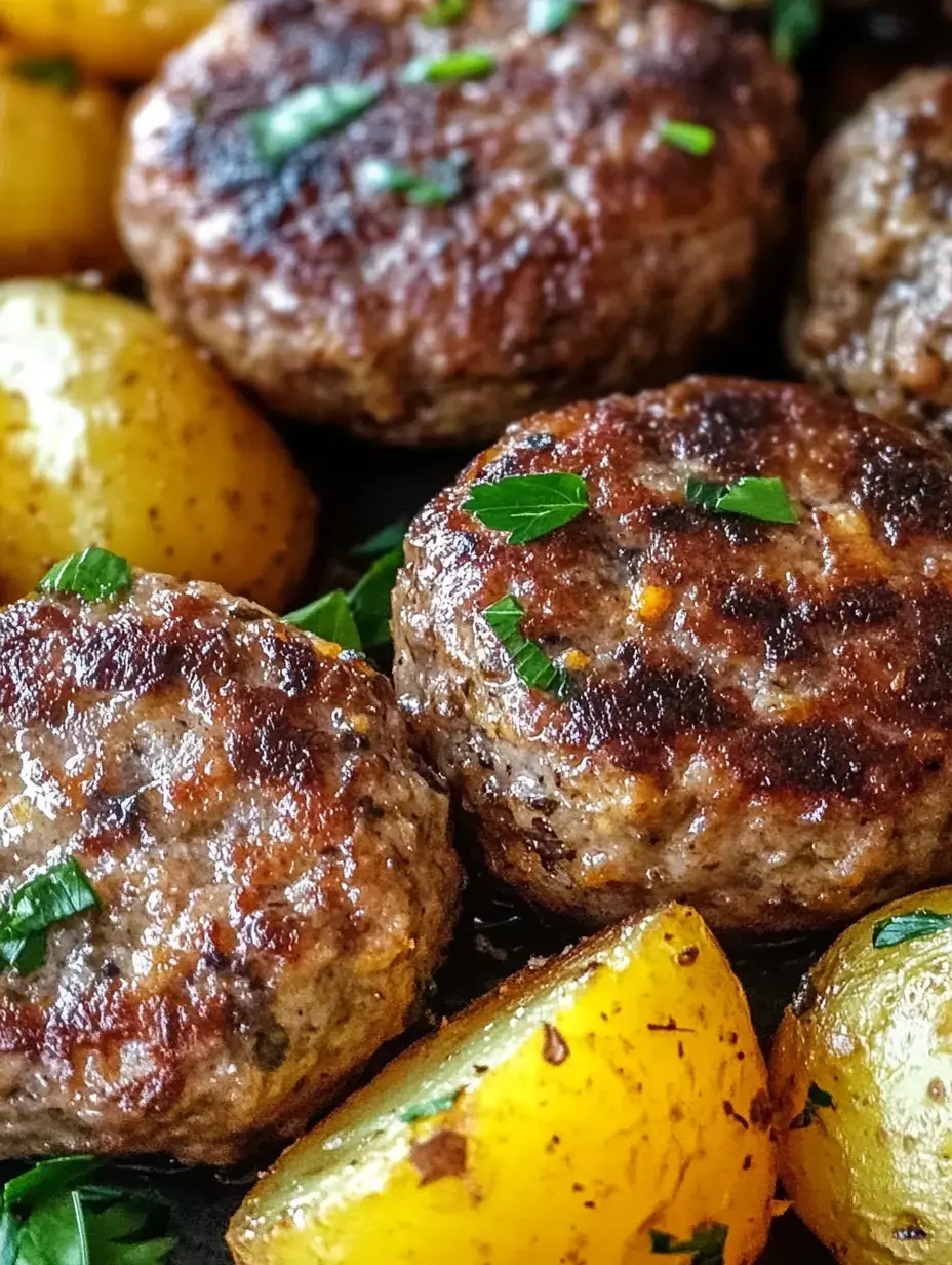 A close-up of golden roasted potatoes and browned meat patties garnished with chopped herbs.