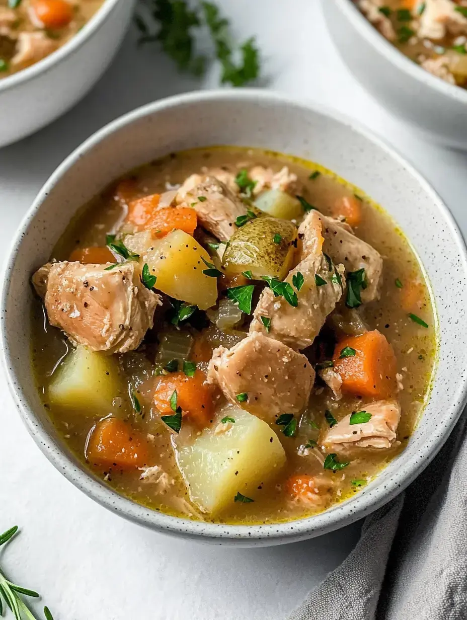 A bowl of chicken soup featuring chunks of chicken, carrots, potatoes, and herbs in a savory broth.