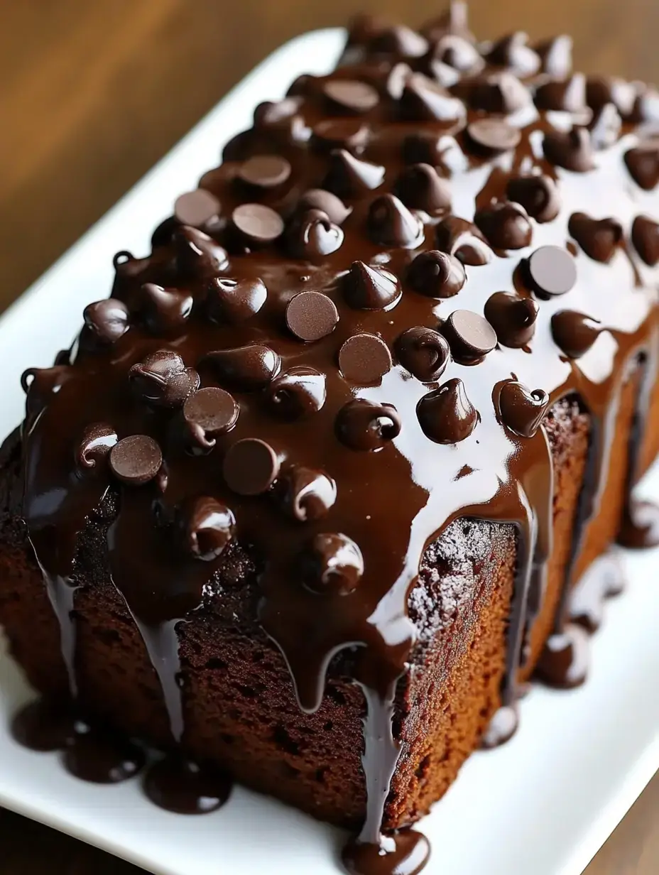 A moist chocolate loaf cake topped with a rich chocolate glaze and sprinkled with chocolate chips.