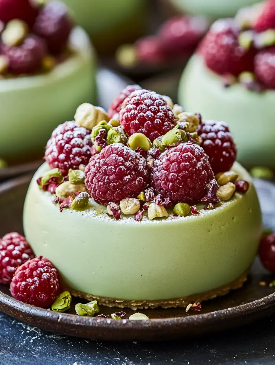 A close-up of a green, creamy dessert topped with fresh raspberries and crushed pistachios, presented on a dark plate.