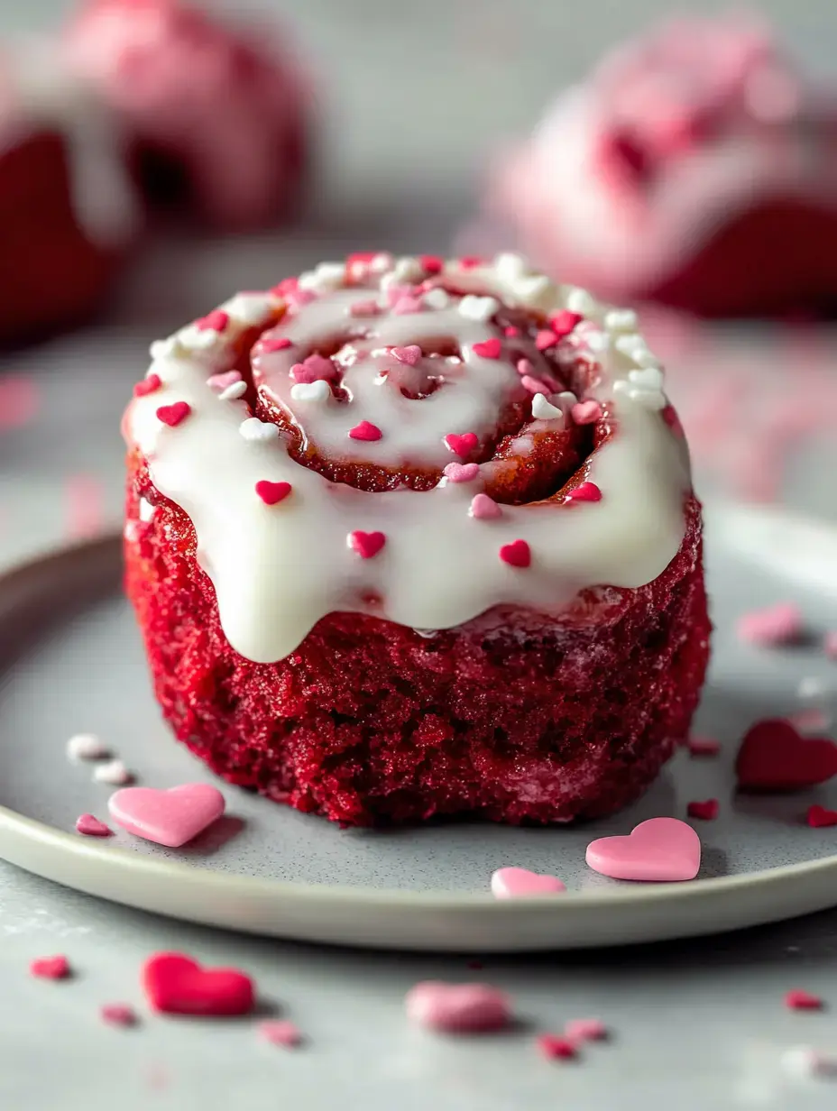 A close-up of a red velvet cinnamon roll topped with white icing and pink and white heart-shaped sprinkles, placed on a gray plate with additional sprinkles scattered around.